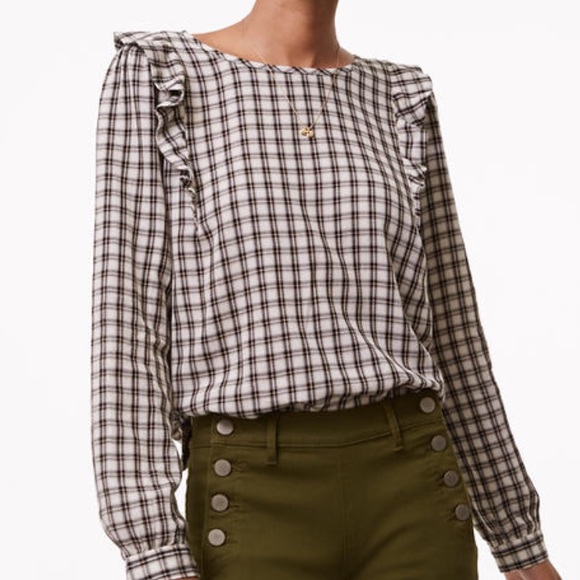 LOFT Tops - Loft Plaid Top with Ruffle Shoulder